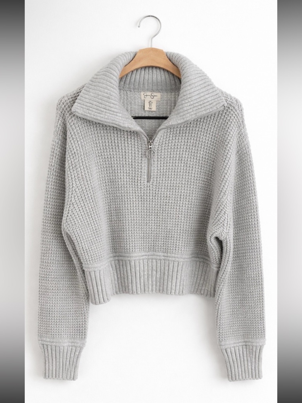 Jessica Simpson Waffle Knit Quarter Zip Sweater Gray Cropped Size Large NWOT